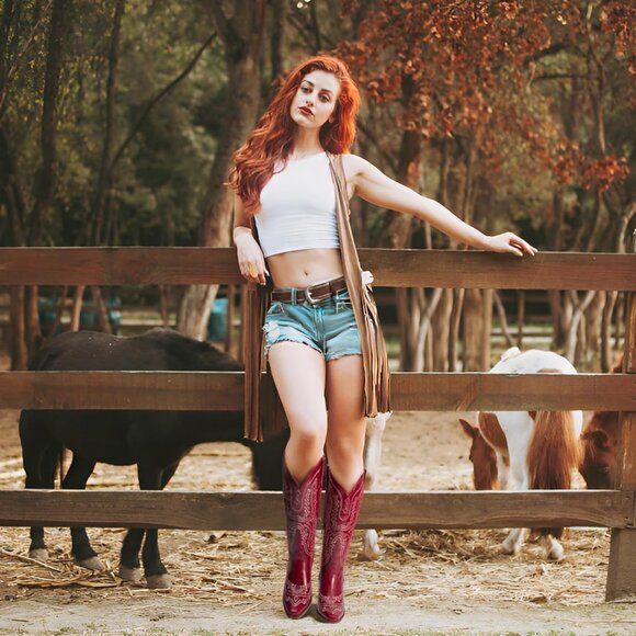 ⚡Women's Red Cowgirl Western Knee High Booties Embroidered Side Zipper - Picture 6 of 7